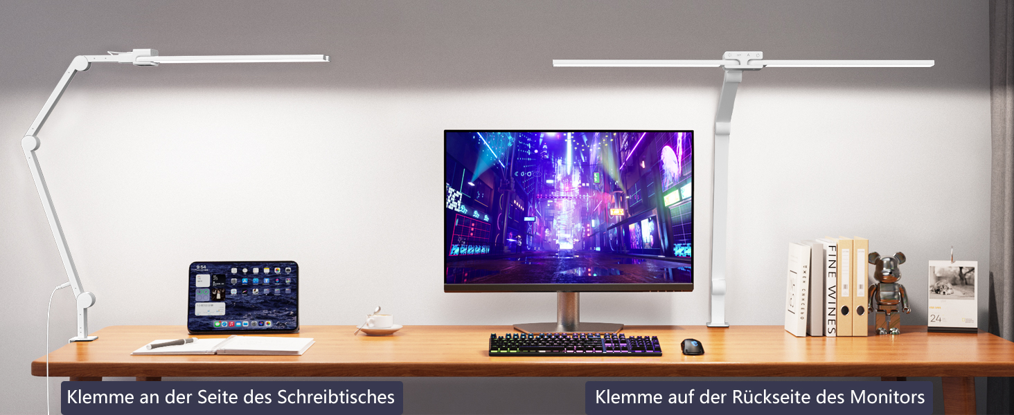 KableRika LED Desk Lamp - Dimmable 24W 80cm Dual-Head Desk Lamp with Clamp, 1200lm Eye Protection, Adjustable Gooseneck, Monitor Light, Daylight Lamp, Auto-Dimming (White)