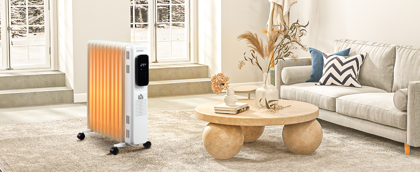 HOMCOM Портативний масляний радіатор з електронагрівом, 2500W, 3 режими, таймер, 11 секцій, білий, сталь, 50.5 x 24 x 63 см