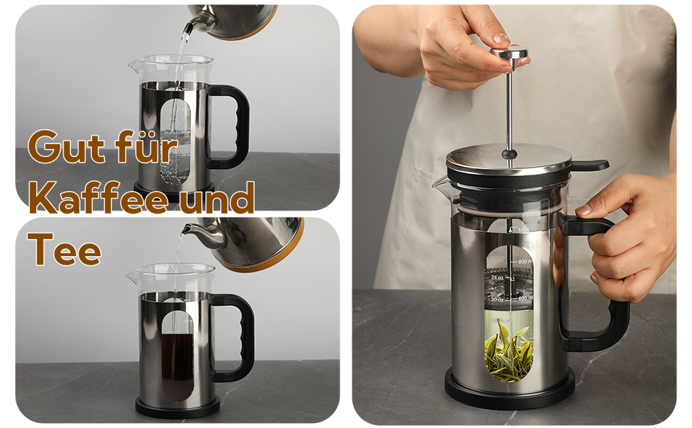 Френч-прес для кави, 1 л, скло Borosilikat, нержавіюча сталь, з багаторазовими фільтрами, портативна кавоварка для кухні, подорожей, кемпінгу