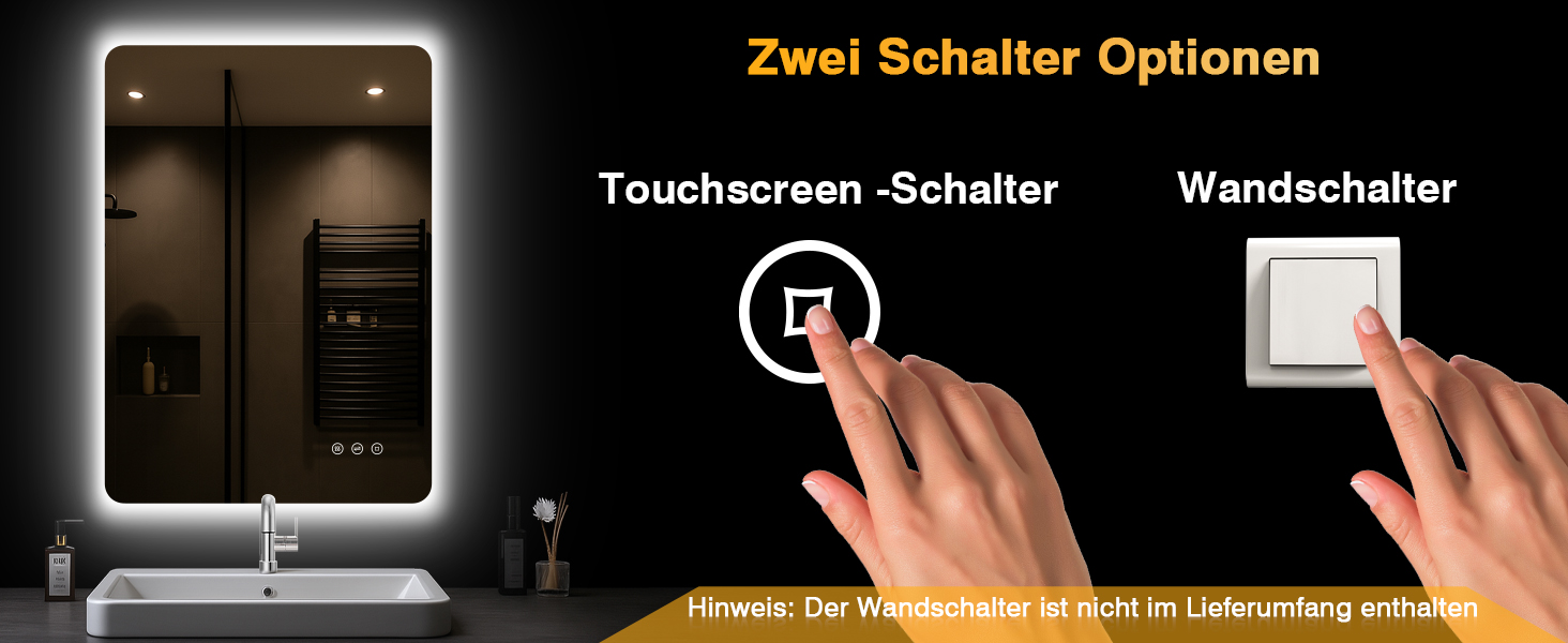 Дзеркало для ванної кімнати з підсвічуванням 50 x 70 см, LED дзеркало з протизапарюючим покриттям, 3 кольори світла, регулювання яскравості, прямокутна форма, сенсорне управління, функція пам'яті, горизонтальне/вертикальне кріплення, без рамки