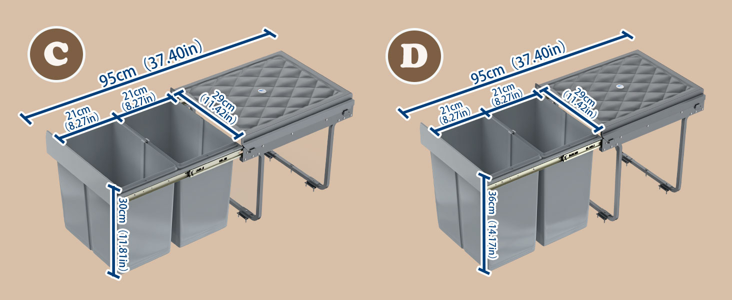 Вбудований контейнер для сміття HENGMEI з висувними ящиками для сортування, сірий (1x20L + 2x10L)