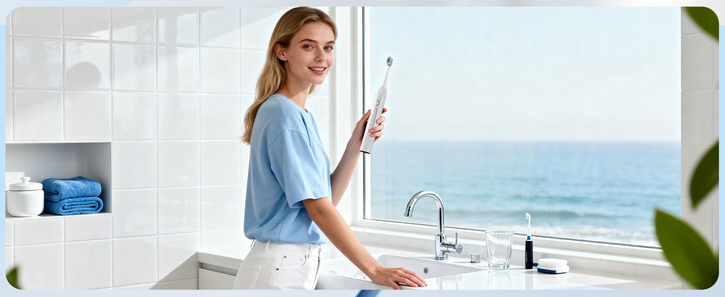 Електрична зубна щітка зі звуковими вібраціями, 5 режимів, таймер 30с, для відбілювання зубів за 2 тижні, 8 змінних насадок з м'якою 3D-щіткою, IPX7, 8 насадок