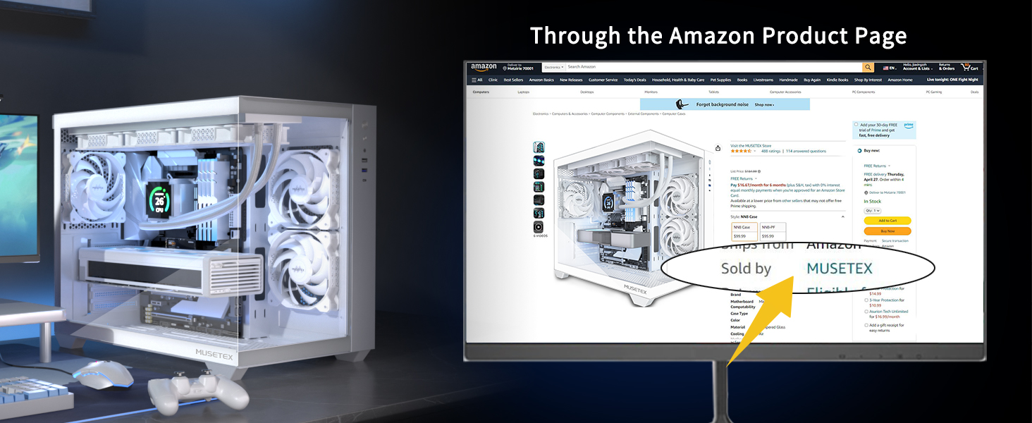 Корпус ПК MUSETEX Y6 ATX з підтримкою 360мм радіатора, Type-C, для геймінгу, з 3 вентиляторами, скляна бічна панель 270°, білий, Mid Tower