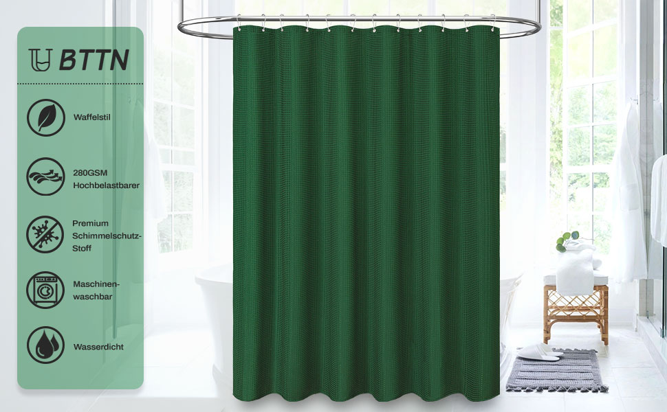 Шторка для душу BTTN, вафельна тканина, 180x200 см, антигрибкова, важка, водонепроникна, з 12 гачками, зелена