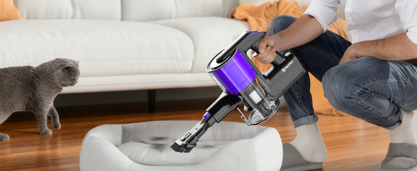 Бездротовий акумуляторний пилосос Hearten 4-в-1 з LED дисплеєм та антизаплутувальною насадкою, сенсорне управління, для видалення шерсті тварин, килимів та твердих поверхонь (фіолетовий)