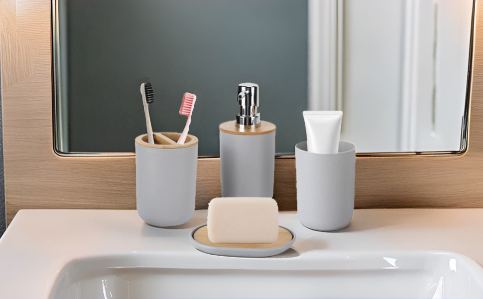 Набір аксесуарів для ванної кімнати на 4 предмети: тримач для зубних щіток, мильниця, дозатор для лосьйону, стакан для ополіскувача, сучасне оздоблення для дому та готелю (сірий)