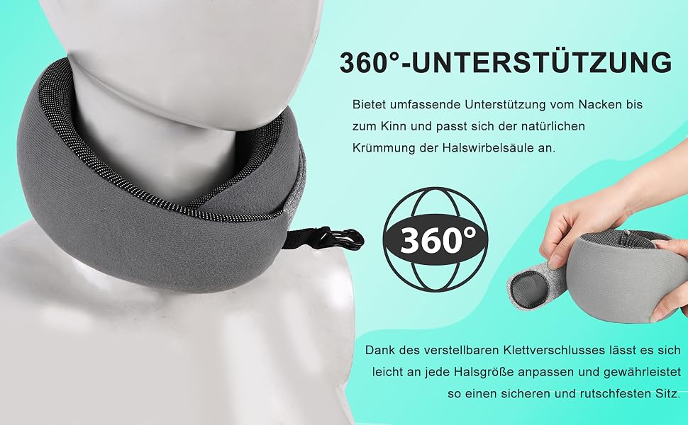 Подушка для подорожей під шию з ефектом пам'яті (Memory Foam) для літака та авто, сіра, з набором: беруші, маска для сну та сумка для зберігання