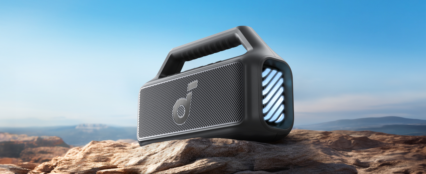 Soundcore Boom 2 - портативна Bluetooth колонка, 80W, сабвуфер, LED, IPX7, USB-C, EQ, BT 5.3, для кемпінгу, пляжу, саду, чорна