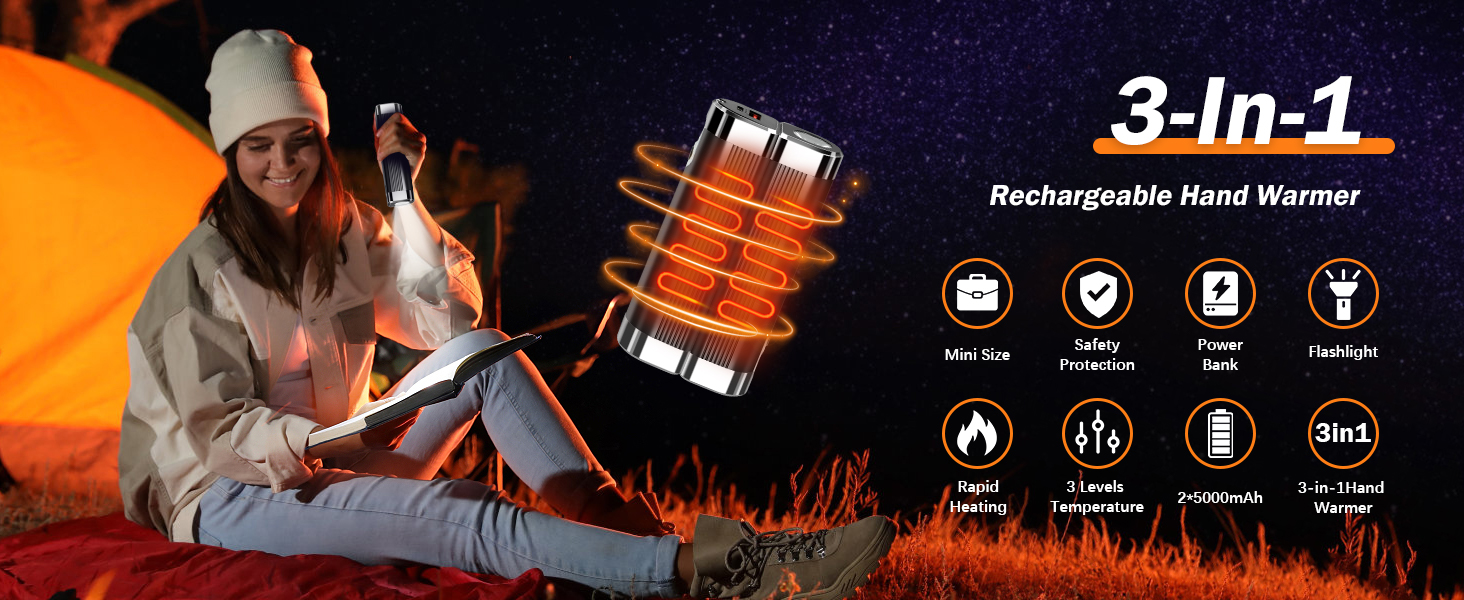 Електричний грілка для рук 2 шт., 10000mAh, USB, 3 рівні нагріву, чорний - для жінок, чоловіків, сім'ї, кемпінгу