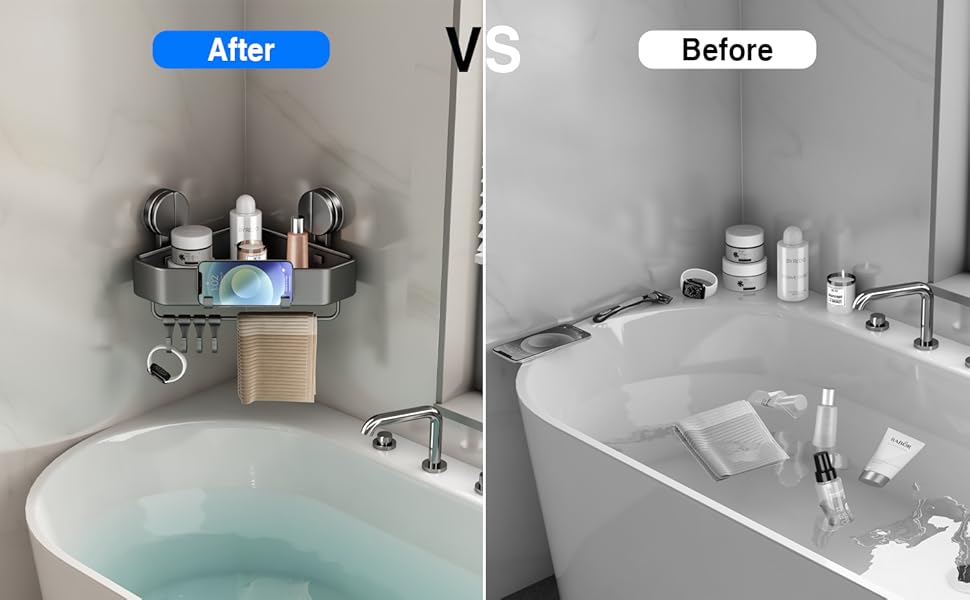 Поличка для душу без свердління, кутова поличка для ванної кімнати з присосками, корзина для душу з тримачем для рушників та знімними гачками (2 шт., сіра)