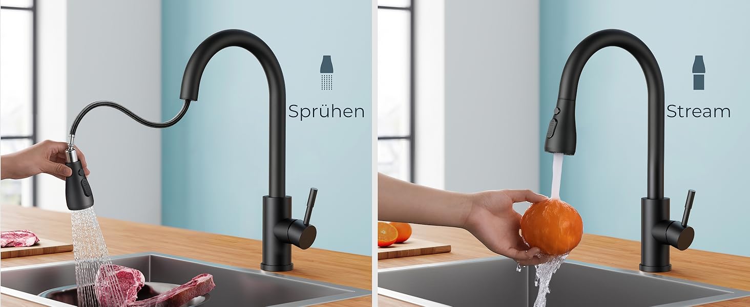 Кран кухонний FORIOUS з висувною лійкою, 360° обертання, 2 режими, матовий чорний