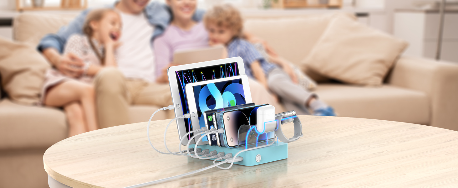 Зарядна станція SooPii USB 60W/12A, 6 портів, органайзер для декількох пристроїв з тримачем для Apple Watch, 6 кабелів (синій)