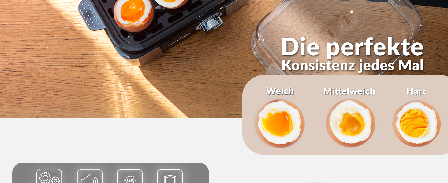 Яйцеварка Lehmann з нержавіючої сталі на 6 яєць - з регулюванням ступеня готовності та звуковим сигналом. 5 програм для ідеальних яєць, мірна склянка та знімач яєць. Сімейна версія.