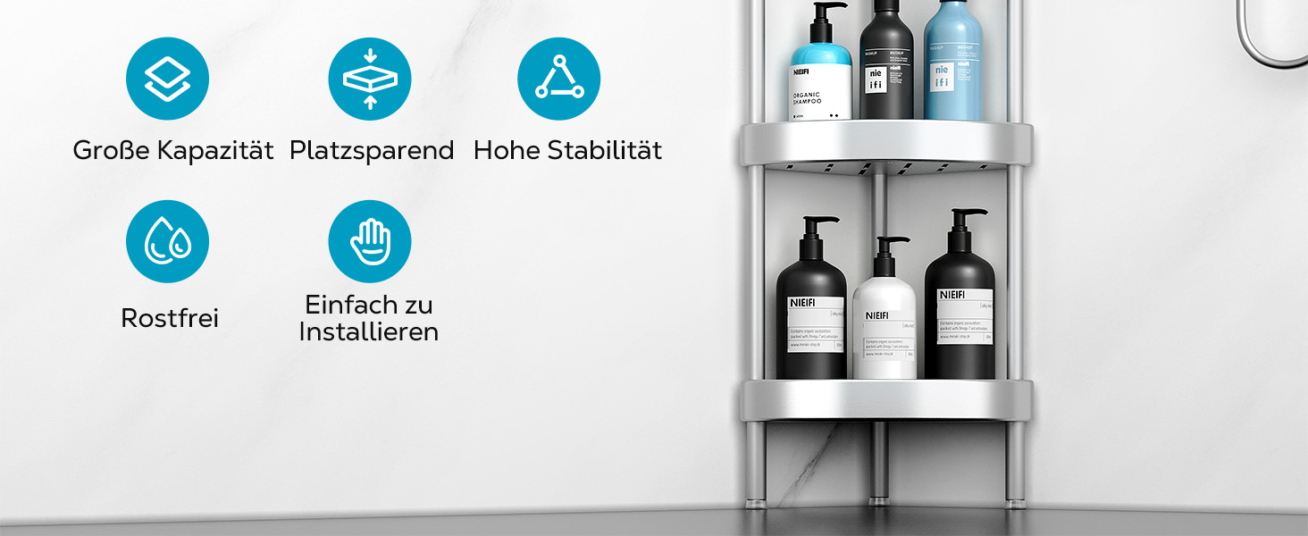 Поличка для душу Nieifi без свердління, кутова, з нержавіючої сталі, 4 яруси, чорна, для ванної кімнати та душу