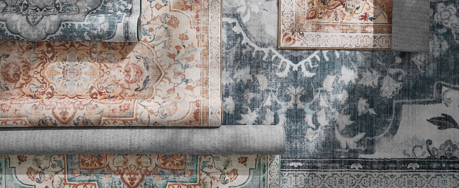 Килим SONGMICS HOME Vintage, 120x170 см, для вітальні, спальні, кухні, коридору, їдальні, миючий, з антиковзаючим покриттям, аквамарин (TAR032G01)