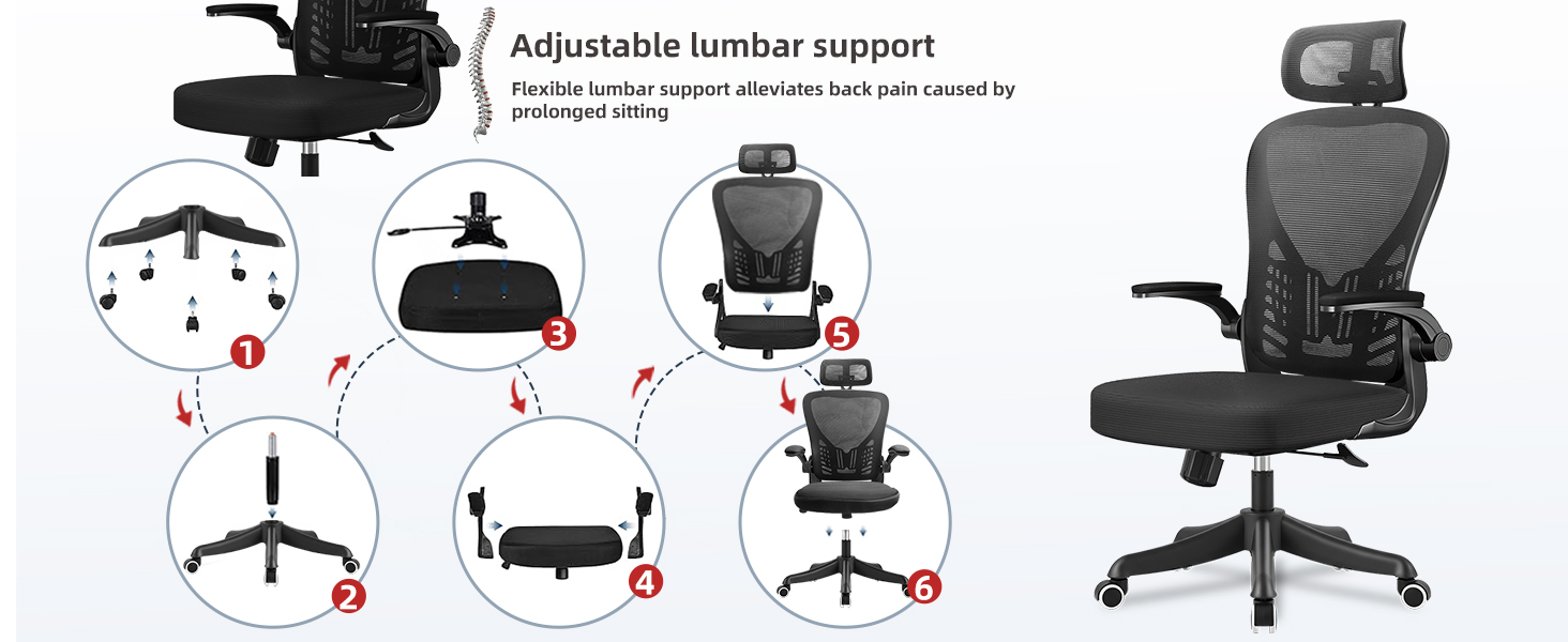 Ергономічне крісло для офісу та геймінгу з регульованою підголівником та підлокітниками, підтримкою попереку, дихаючою спинкою, регулюванням висоти та роликами. Чорний колір.