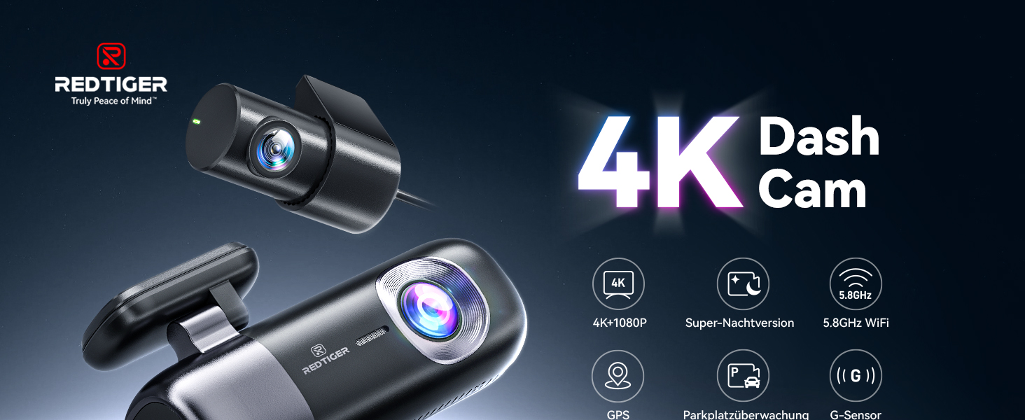 Автомобільний відеореєстратор REDTIGER 4K Ultra HD (передній та задній), GPS, 5.8GHz WiFi, нічний режим, режим паркування, підтримка карт пам'яті до 256ГБ, модель F9