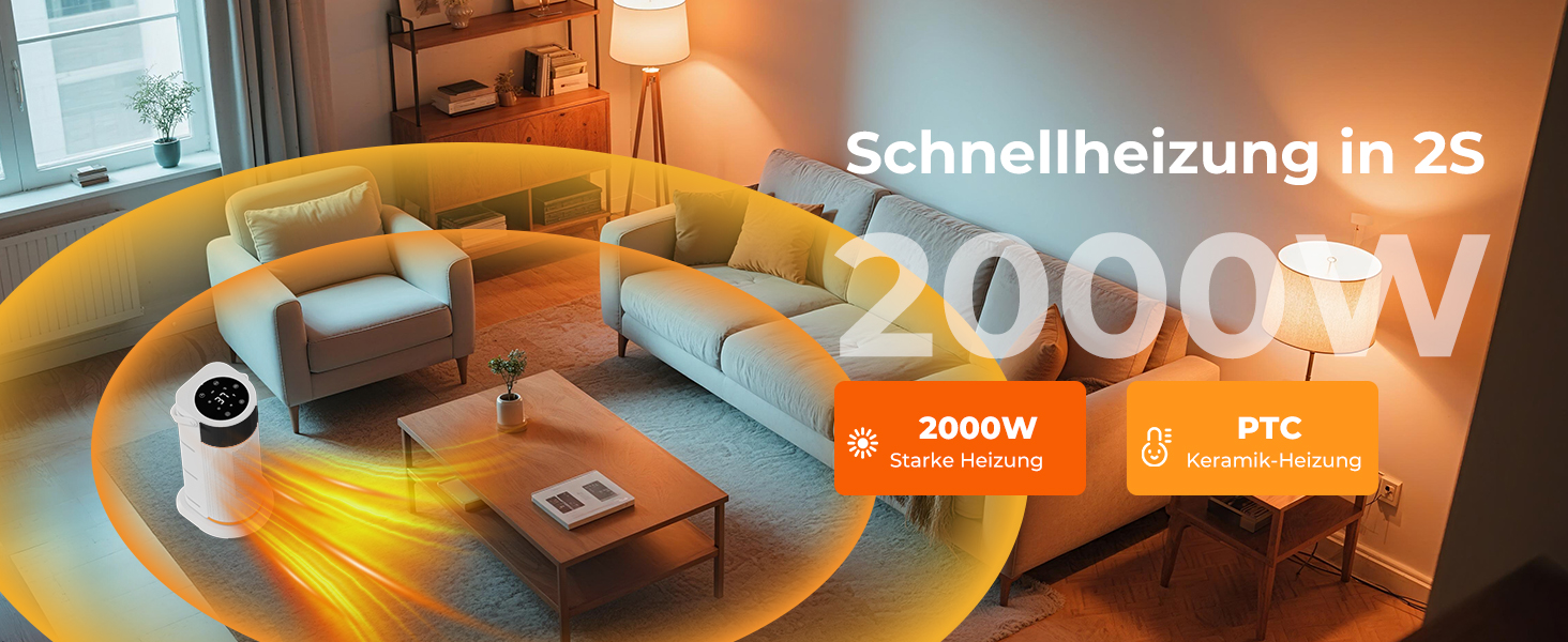 Електричний обігрівач 2000W з PTC-керамічним нагрівачем, тихий, з пультом керування, таймером, поворотним механізмом 70°, LED-дисплеєм для офісу, спальні, ванної кімнати, дому (білий)
