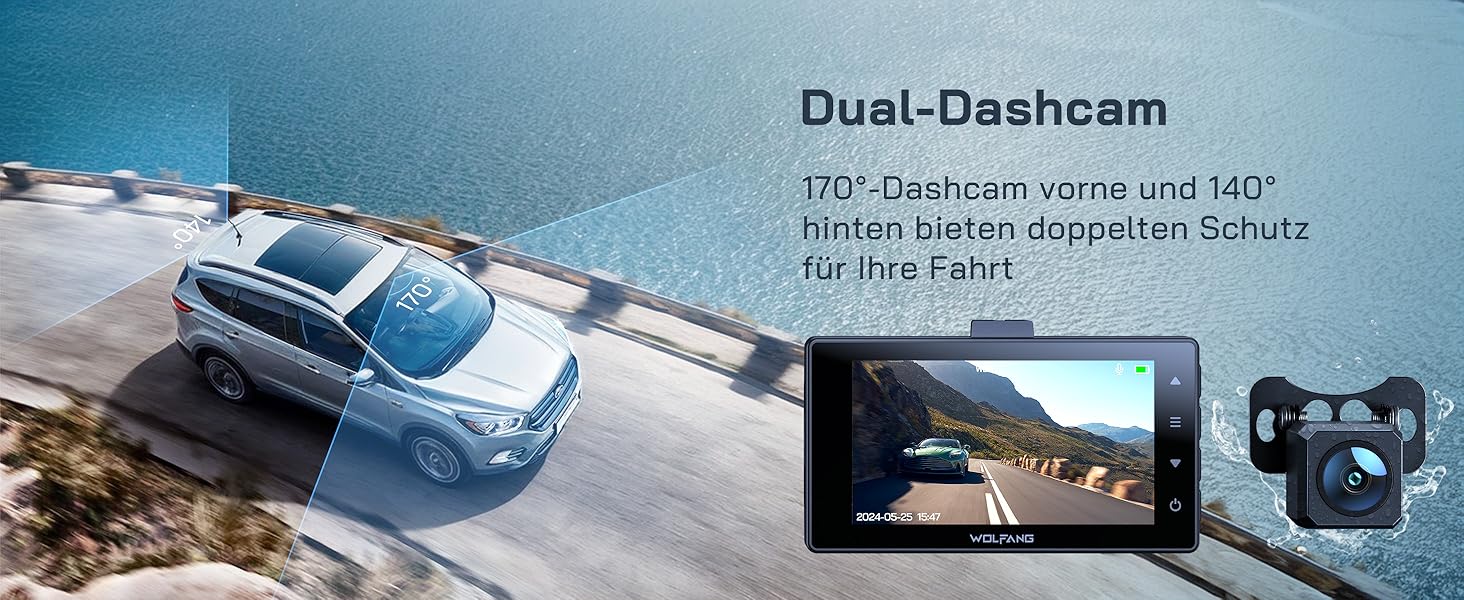 WOLFANG Dashcam: Автомобільна камера 2.5K+1080P з відеореєстратором, нічне бачення, 170° кут огляду, WDR, паркувальний режим, G-сенсор, циклічна запис, внутрішня камера, 32GB SD-карта