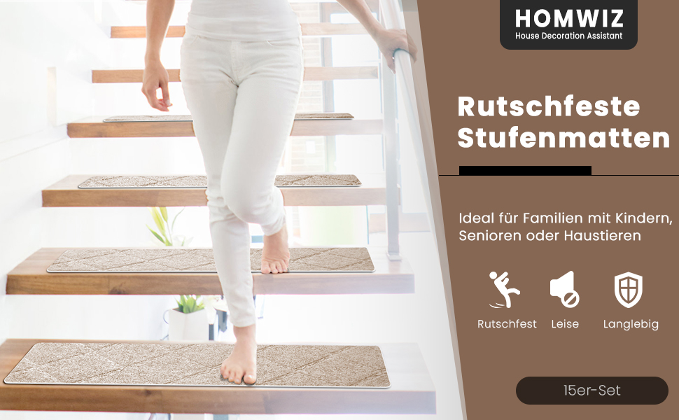 Килимок на сходи, 15 шт., самоклеючий, антиковзаючий, для дому. Розмір: 55x19 см (також 65x20 см), бежевий. Захист для дітей, домашніх тварин та літніх людей.