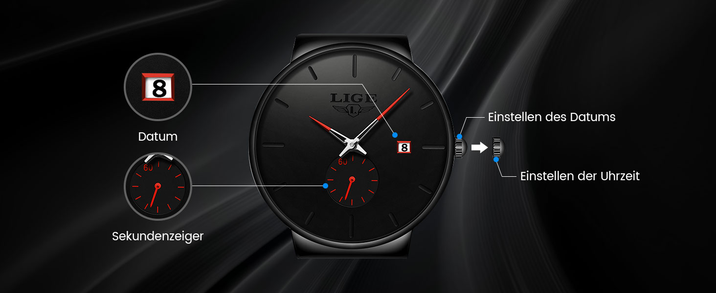 Годинник чоловічий LIGE Retro з металевим браслетом, водонепроникні, аналогові, кварцові, з датою, стильні, для бізнесу та повсякденного носіння (червоний, чорний)