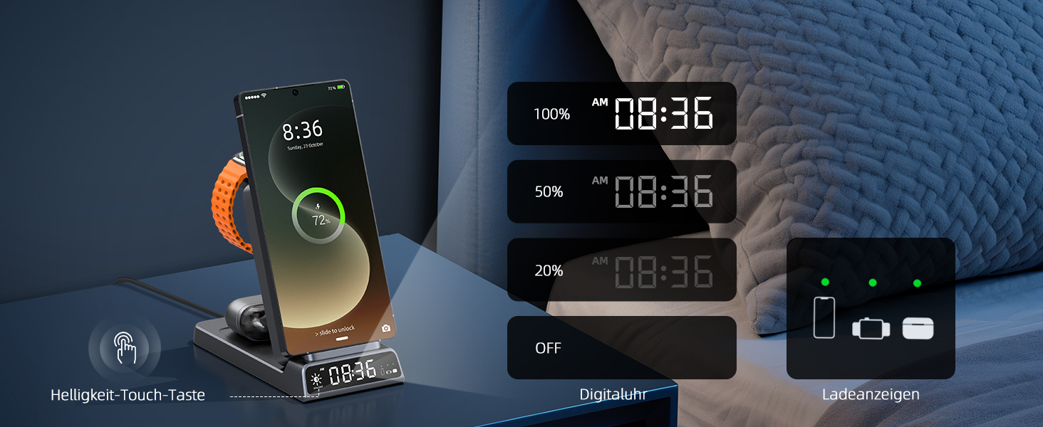 Бездротова зарядка для Samsung з годинником: станція для Galaxy S25 Ultra/S24/Z Fold 6/Flip 7/Bud, Watch, Galaxy Watch 8/7/6/5Pro, 3 в 1, сірий