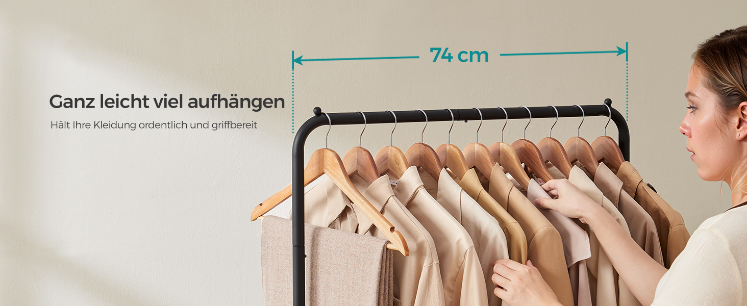 SONGMICS Clothes Rack, Rolling Garment Rack, Metal Wardrobe Stand, Rolling Wardrobe 91 cm wide, with Shelf, 2 Wheels with Brake, Rod Load Capacity up to 40 kg, HSR025A01 (Black, 74x40.5x158cm)