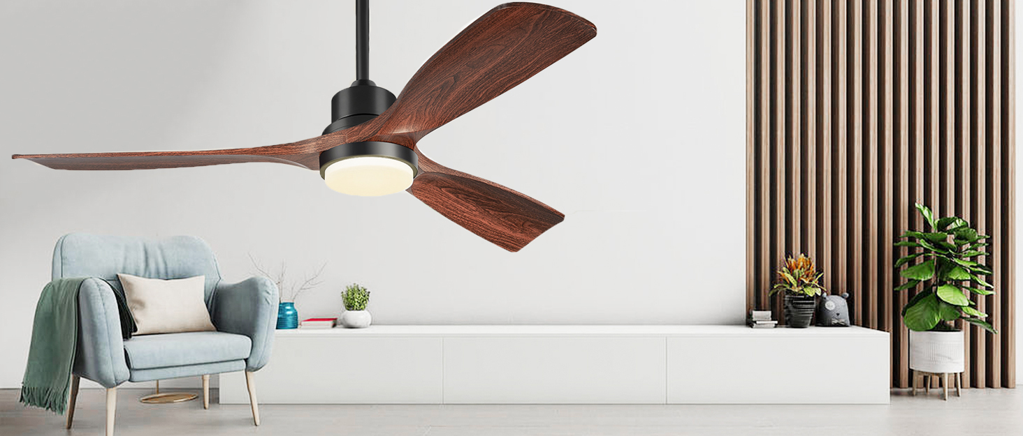 Стеляний вентилятор з підсвічуванням та пультом керування, тихий DC двигун, 132 см, 3 дерев'яних лопаті, таймер, 6 швидкостей, сертифікат ETL, режим літо/зима для спальні, коричневий