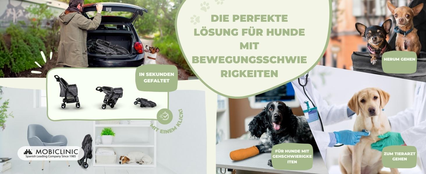 Mobiclinic® Pet Folding Dog Cart - 15kg Capacity, Small Dogs, Zuma Wheels with Brakes, XXL Storage Basket, 3 Zipper Windows & Mosquito Net, Cup Holder, Grey