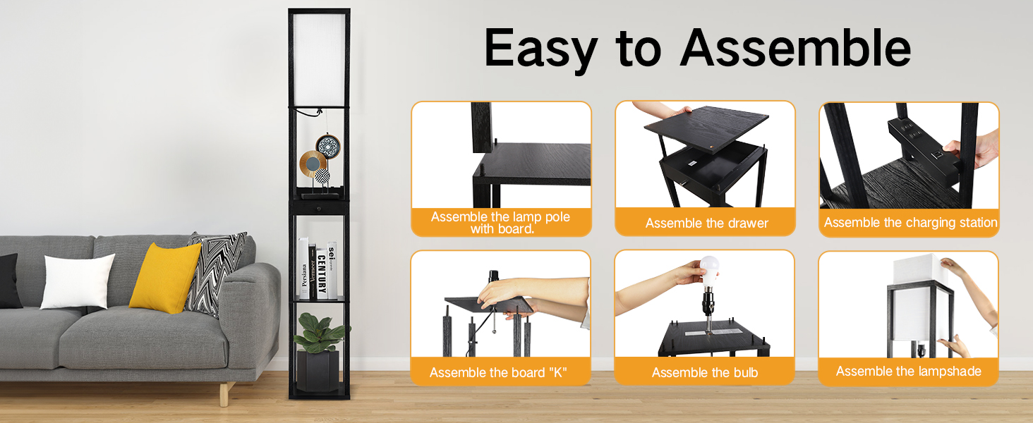 LED торшер OUTON з полицею та ящиком, 3 режими кольору, таймер 1год, 2 USB порти, для вітальні, спальні, офісу (Чорний)