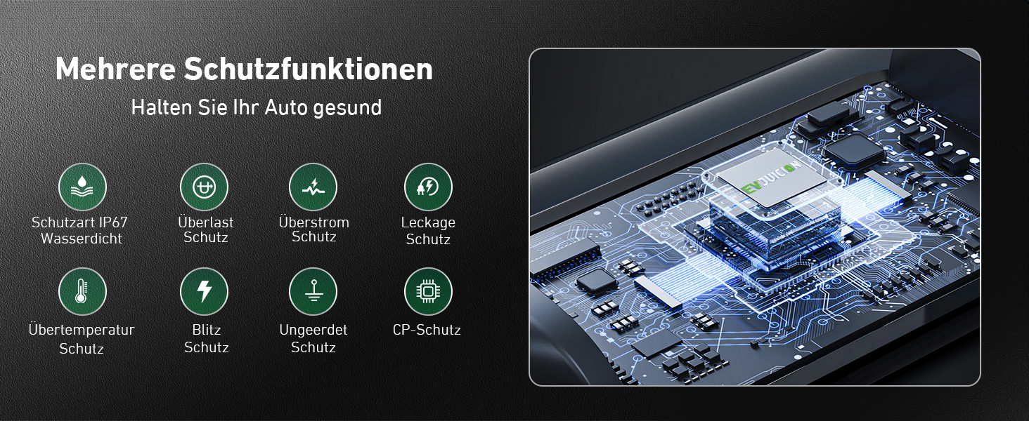 Кабель для зарядки електромобіля Evjuicion Typ 2 Schuko, 3.68kW, 6м, 16A, з індикатором, IP67, для ID.3/4, X1, 5ER, Model Y/3 та інших електромобілів
