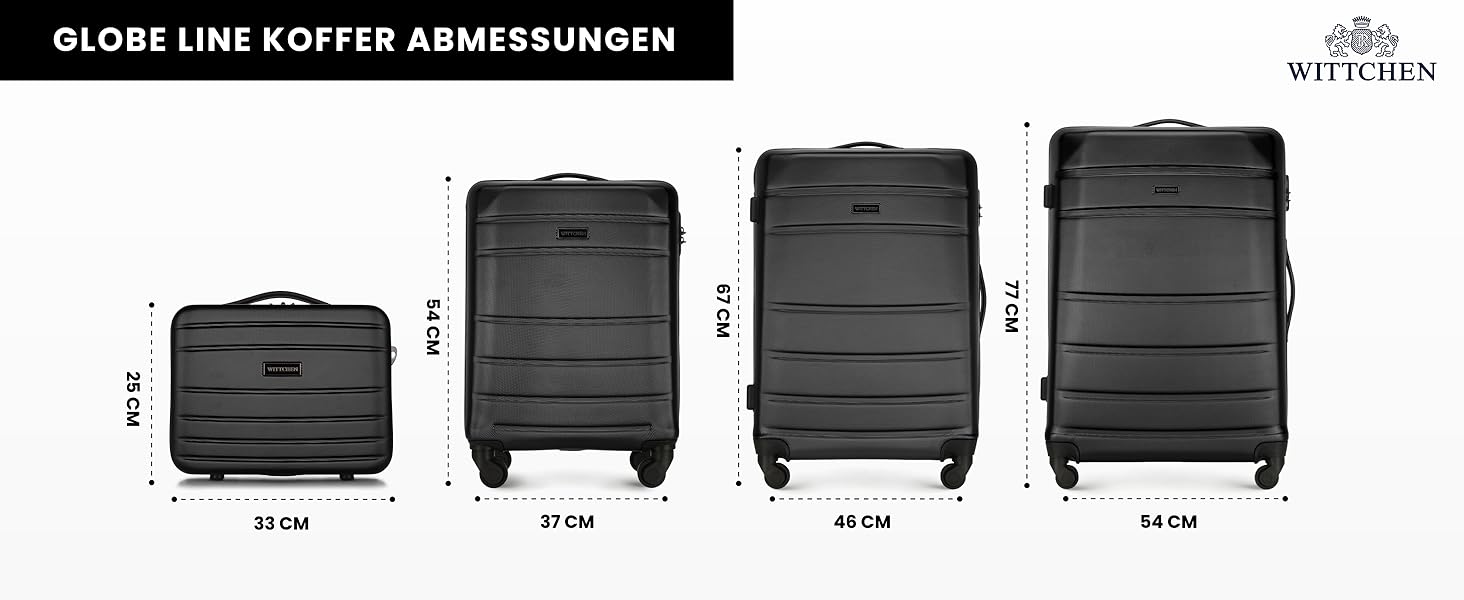 Набір валізWITTCHEN Globe Line: 4 валізи (великий, середній, маленький, ручна поклажа) з ABS-пластику, 4 колеса, кодовий замок, телескопічна ручка, чорний колір. Підходить для Lufthansa, Eurowings, Ryanair, Condor, Discover Airlines