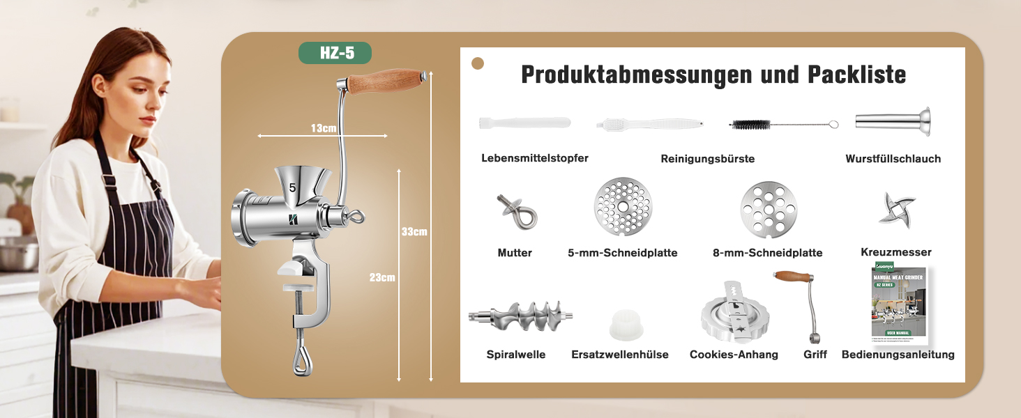 М'ясорубка ручна Huanyu з нержавіючої сталі, насадка для ковбас та печива, миється в посудомийній машині, для яловичини, свинини та овочів (№8)