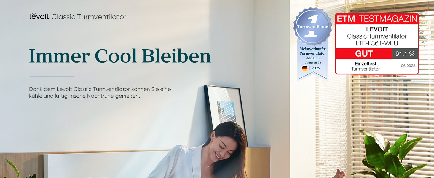 Турбовентилятор Levoit з тихим режимом сну, таймером 12 год, 4 режими, 5 швидкостей, авто-режим з датчиком, осциляція, пульт керування, білий, 92 см