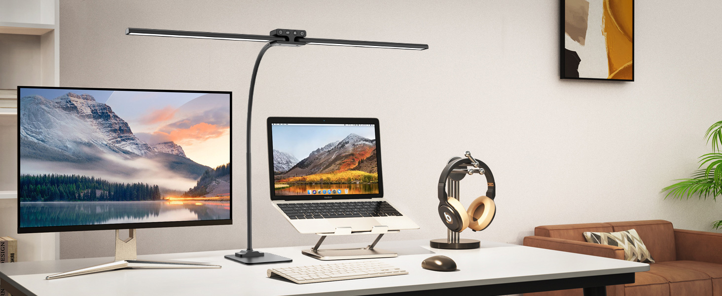LED Desk Lamp with Adjustable Brightness, 1200 Lumens Dual Head Clamp-On for Home Office, Eye Protection Gooseneck Table Lamp, Monitor Light with 5 Color Temperature & Brightness Levels (Black Dual-Head Metal Base)