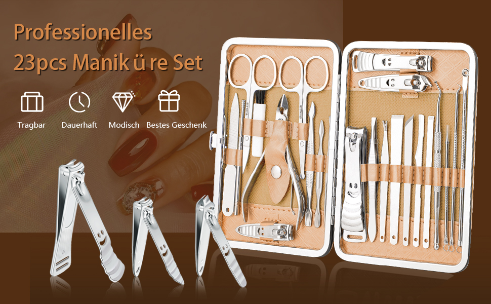 Набір для манікюру та педикюру 23 шт. Професійний набір для стрижки нігтів з нержавіючої сталі з дорожньою косметичкою з шкіри (Золото/Срібло)