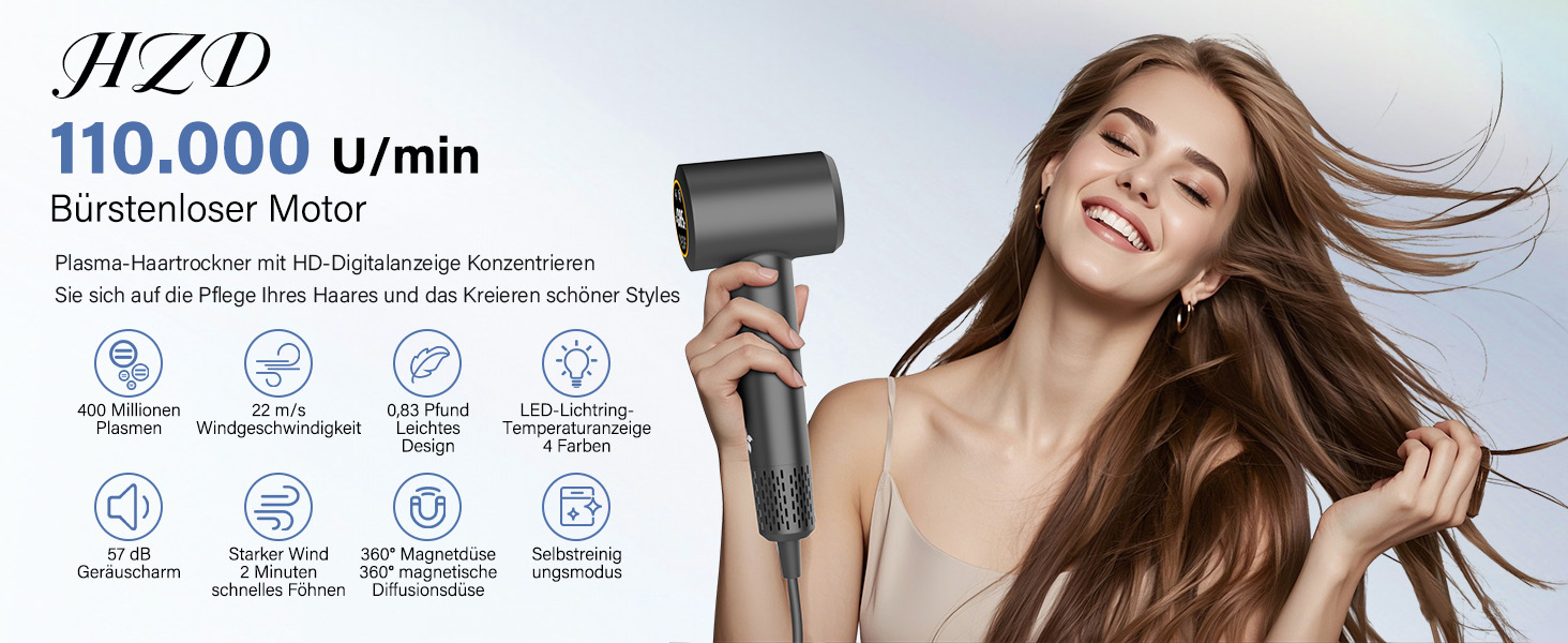 Фен з дифузором, 110000 об/хв безщітковий двигун, низький шум 57dB, для подорожей та дому, Dark Grey