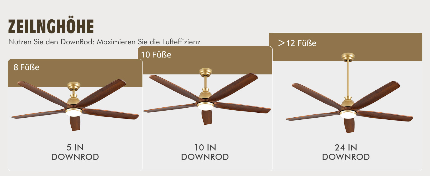 Дзеркальний вентилятор для стелі з дерева, без освітлення, з пультом керування, тихий, для вологого приміщення, 132 см (52 дюйми), коричневий, 5 лопатей