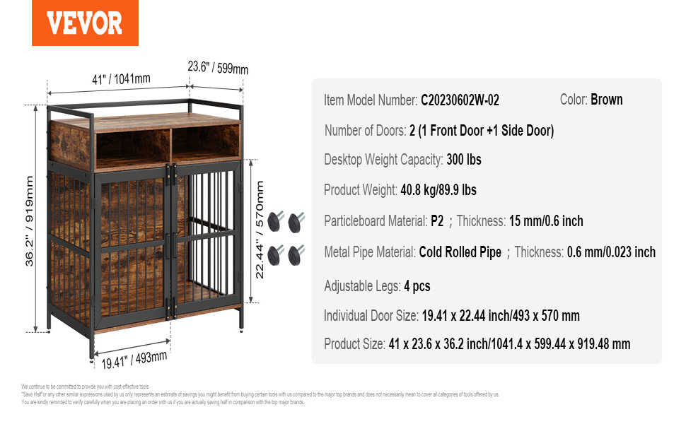 Клітка для собак VEVOR 1041x599x919 мм з міцного вуглецевої сталі та П2 ДСП, вінтажний дизайн, з подвійними дверима, чорна