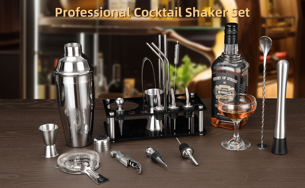 Професійний набір для коктейлів Cinnani 20 предметів: шейкер, стійка та аксесуари з нержавіючої сталі - ідеальний подарунок для бармена