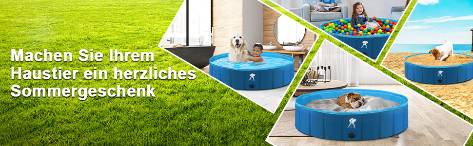 Dog Pool for Large & Small Dogs, Foldable Dog Splash Pool 160 * 30CM Dog Bathtub Stable Swimming Pool Pet Child Swimming Pool Non-Slip Portable Blue (140CM)