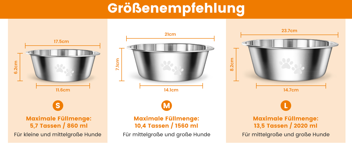 PETTOM Миски для собак з нержавіючої сталі, 2 шт. (3120 мл), миска для корму для собак великих, середніх та маленьких порід, миска для води з неслизьким силіконовим дном, розмір M - 21 см, срібний колір