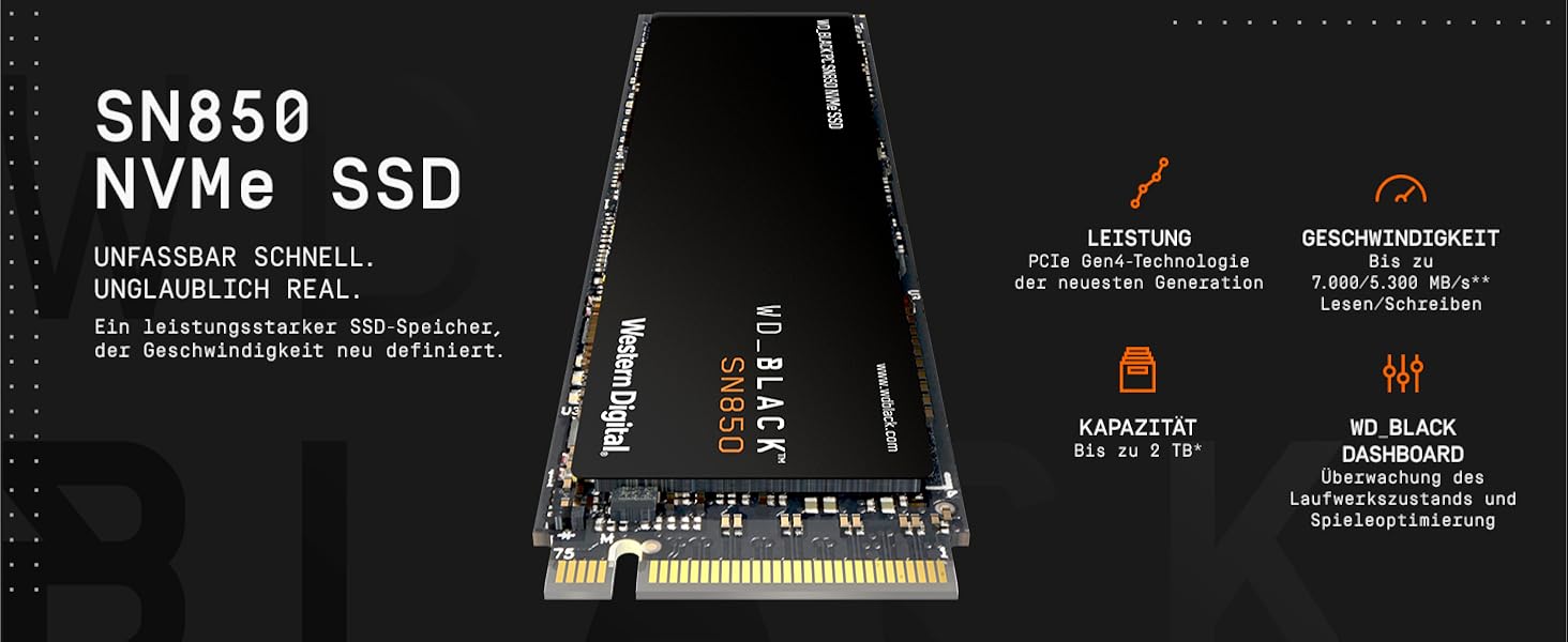 SSD накопичувач WD Black SN850 1TB NVMe PCIe Gen4 для ігор, 7000 МБ/с, M.2 2280, сумісний з PlayStation 5