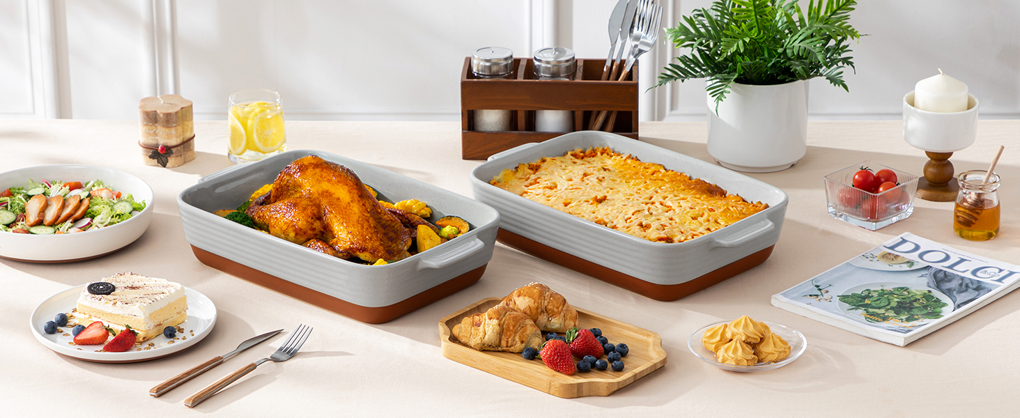 Форма для запікання MALACASA Serie TARA, 4.5L, кераміка, 35*23.8 см, сіра | Для лазаньї, тірамісу, запіканок