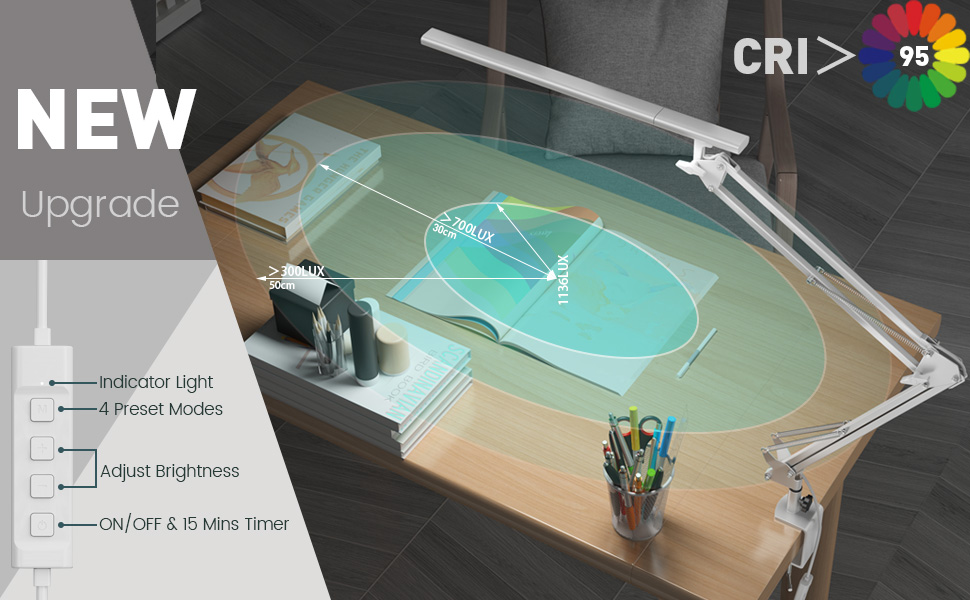 Лампа для робочого столу в офіс, кріпиться на стіл, архітекторська лампа з адаптером QC3.0, лінза Френеля, 5 режимів кольору та регулювання яскравості, лампа-прищіпка з функцією пам'яті, біле освітлення