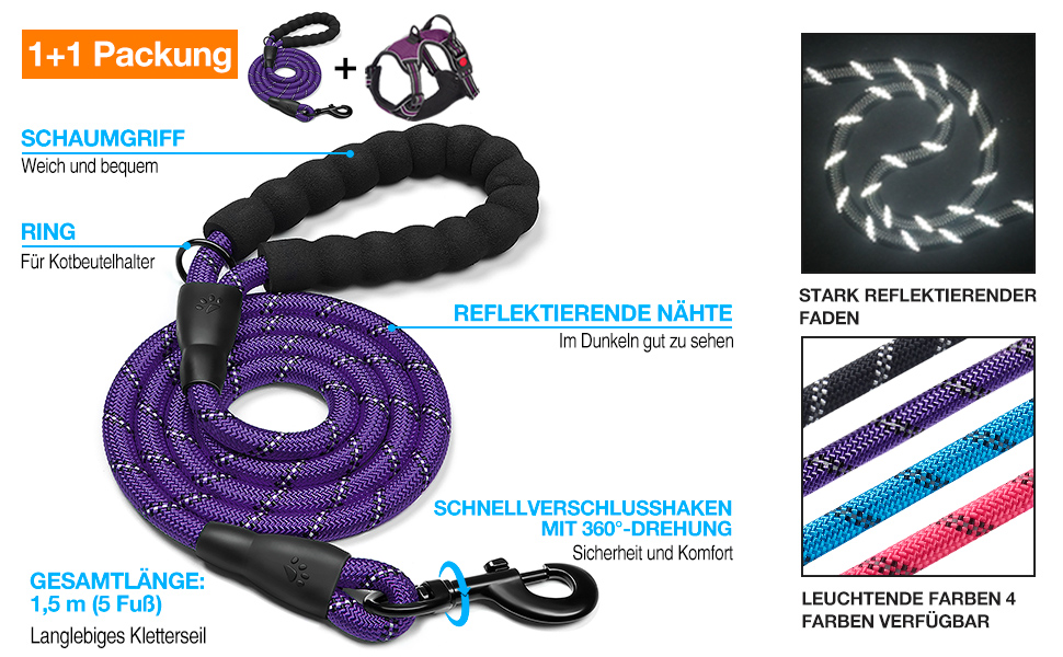 Нашийник для собак Haapaw без натягу, регульований, світловідбиваючий, Оксфорд, зручне керування, середній розмір, з міцним поводом (M, 1 шт.), фіолетовий