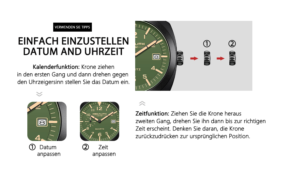 Чоловічий годинник MEGALITH Militär B-6: Водонепроникний годинник з LED-підсвічуванням, календар, сталевий корпус, шкіряний ремінь, кварцовий механізм