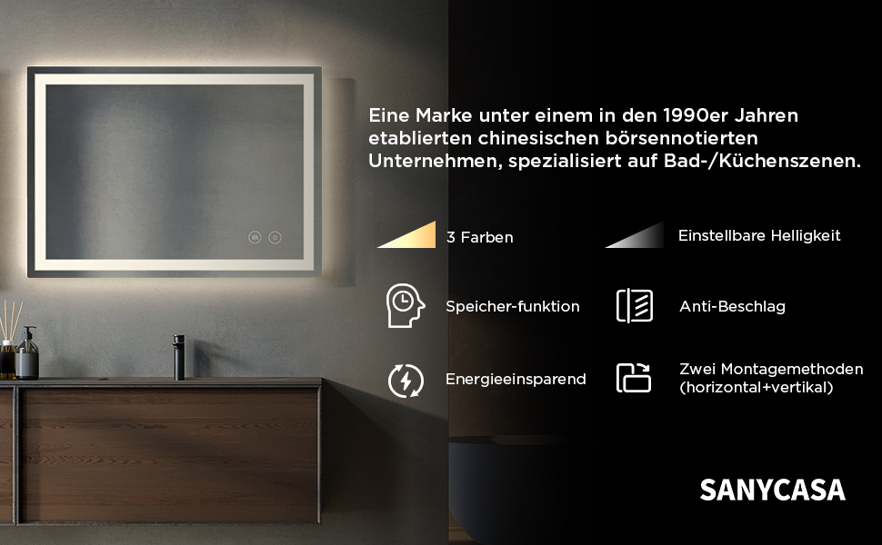 Дзеркало для ванної кімнати з підсвічуванням 50x70 см, сенсорне керування, протитуманне покриття, 3 кольори світла, регулювання яскравості, пам'ять налаштувань, матове, прямокутне