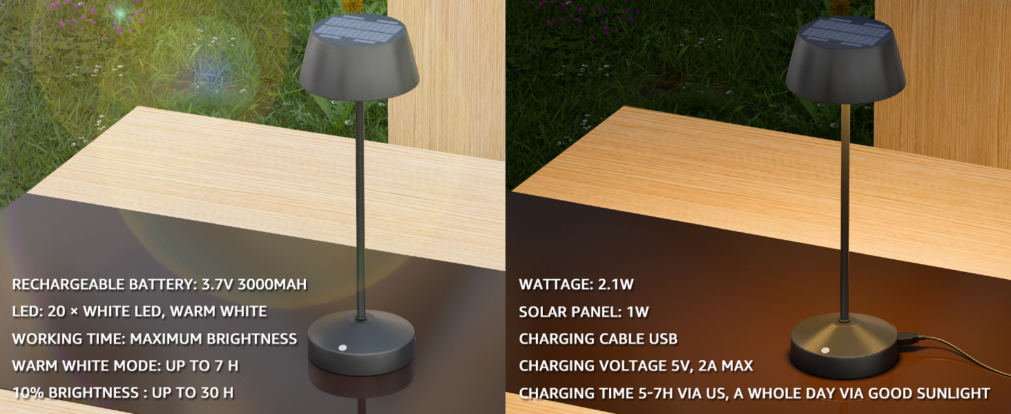 Світлодіодні настільні лампи сонячні LED 2 шт. для вулиці 3000K з сенсорним вимикачем, акумуляторні, димовані, IP44 для кемпінгу, саду, балкону, тераси