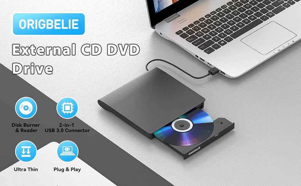 Зовнішній DVD-записувач ORIGBELIE USB 3.0, портативний CD-ROM привід +/-RW для ноутбука, ПК, MacBook, Windows, Linux